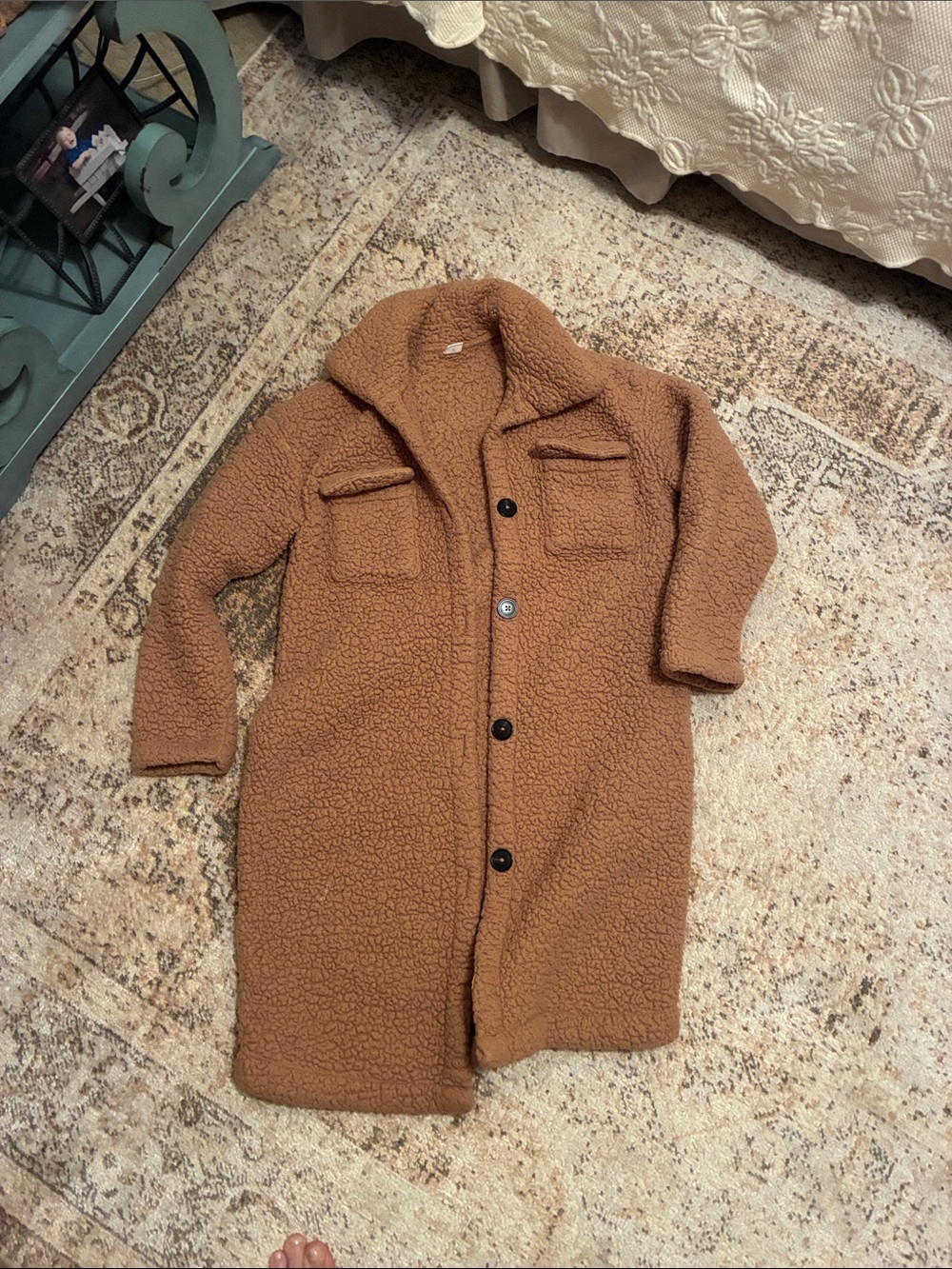 Girls Long Teddy Pea Coat in Camel Brown